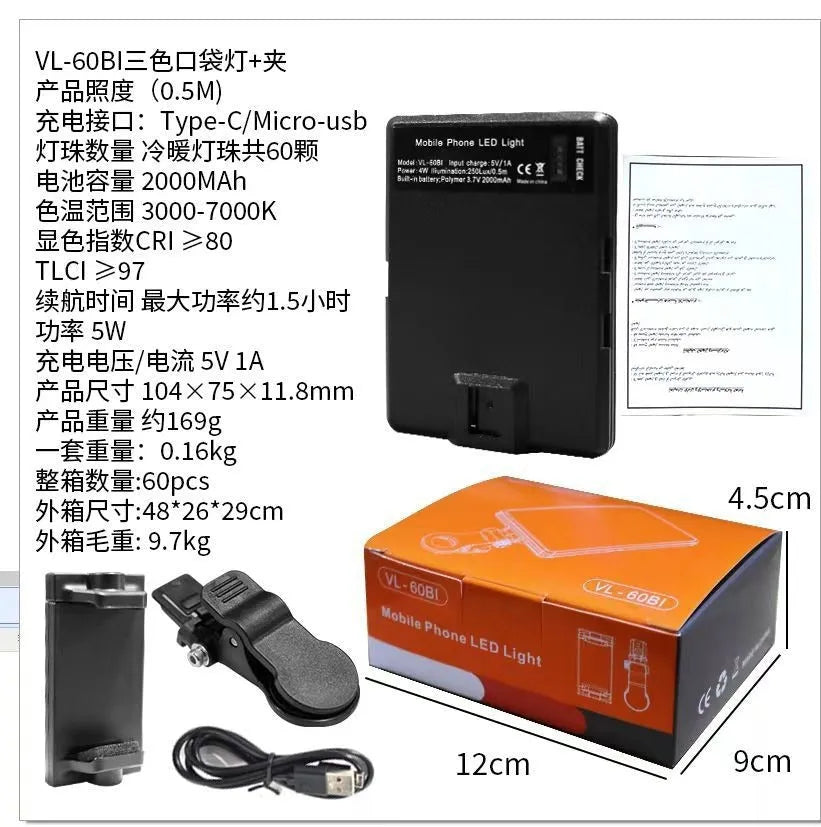 VL series pocket LED fill light with clip attached to a smartphone for photography.