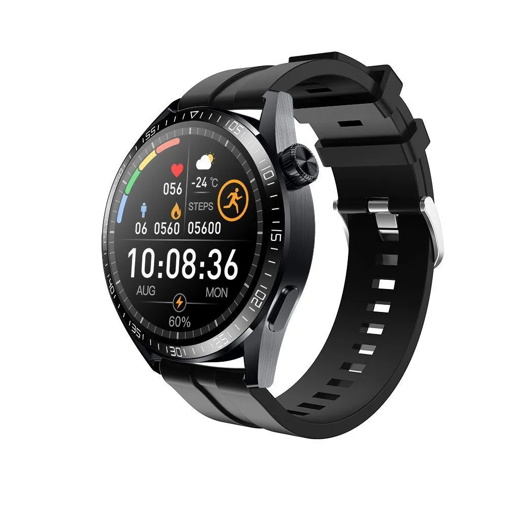 Black GS3 Max smartwatch with colour touch screen displaying health stats, on a silicone wristband.