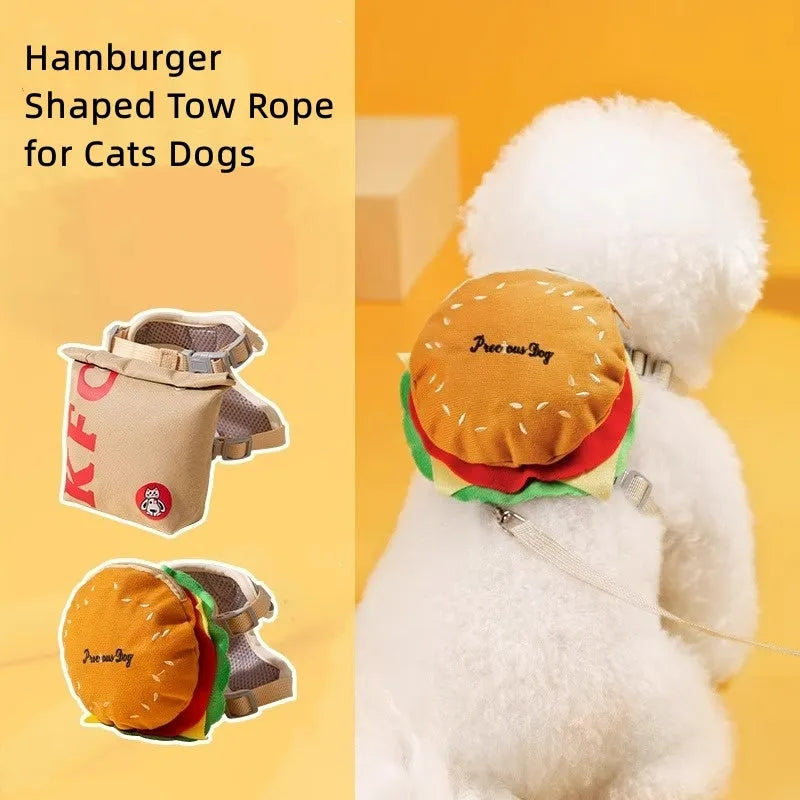 Cartoon hamburger design pet vest leash with adjustable straps and backpack feature