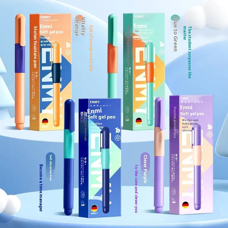 Plastic posture correction pen shown in blue, green gradient, purple, and orange colour options, displayed in its box.
