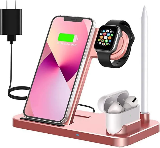 Folding 4-in-1 wireless charger showing iPhone, Apple Watch, AirPods and Apple Pencil charging simultaneously
