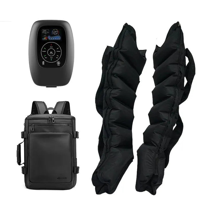 Air compression massager set with leg cuffs, arm unit, waist unit, and handheld remote control.
