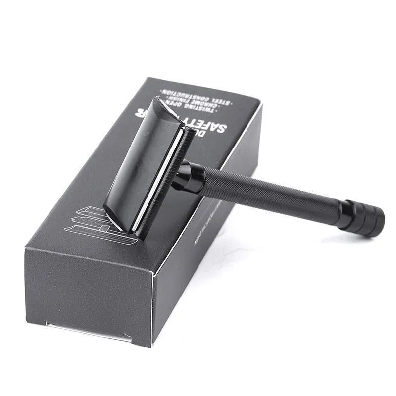 Traditional manual safety razor with natural bristle brush shaving set in black or silver finish