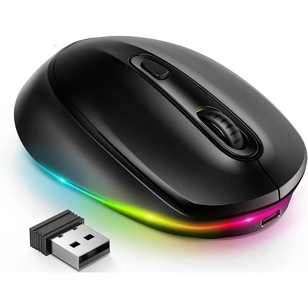 Lightweight rechargeable wireless mouse in multiple colours, shown next to its USB charging cable.