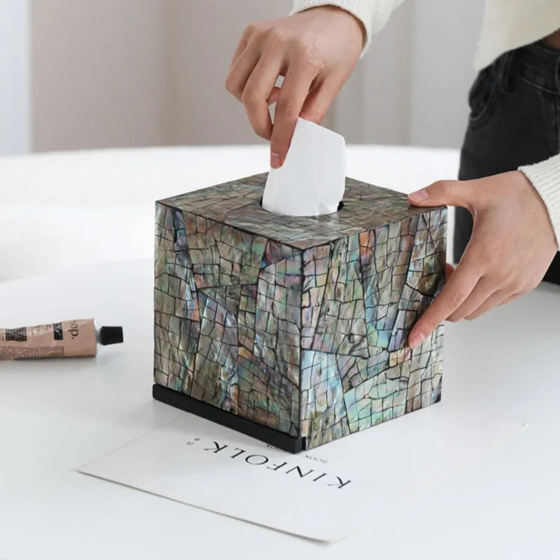 Black shell tissue box storage container with removable organisation tray on wooden table