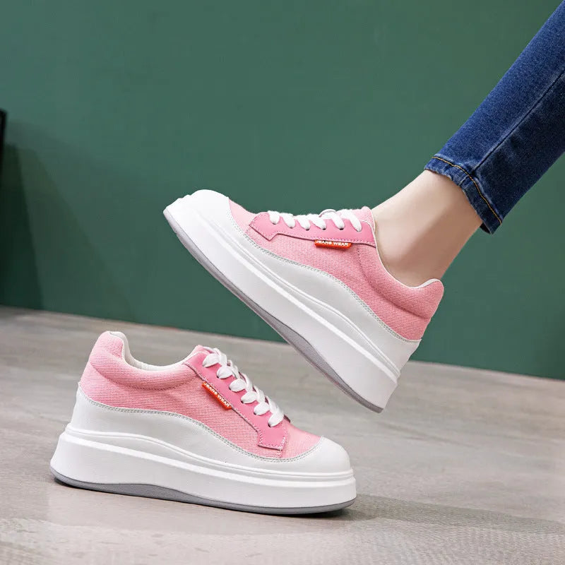 Women's pink and beige leather board shoes with thick height-increasing soles, shown in sizes 31-40.