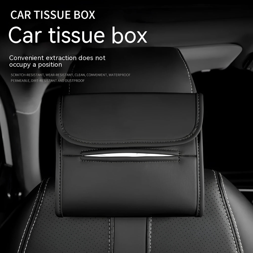 Leather car tissue holder box with elastic strap for mounting on seat back.