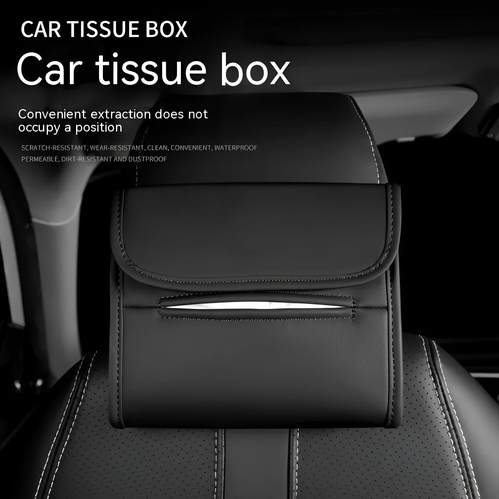 Leather car tissue holder box with elastic strap for mounting on seat back.