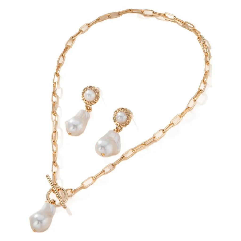 Gold retro baroque pearl necklace and earrings two-piece jewellery set for women