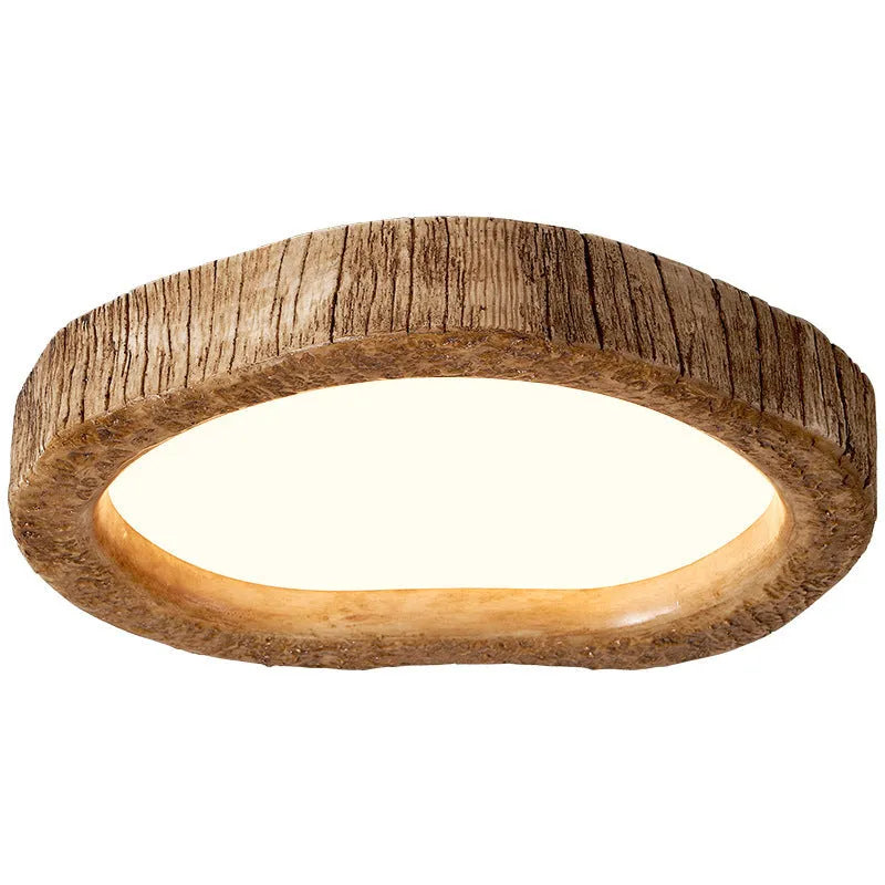 Round wood grain finish ceiling lamp in new Chinese style, showing three size options