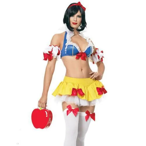 Anime Snow White Halloween costume set showing headdress, top, short skirt, and sleeves on a mannequin.