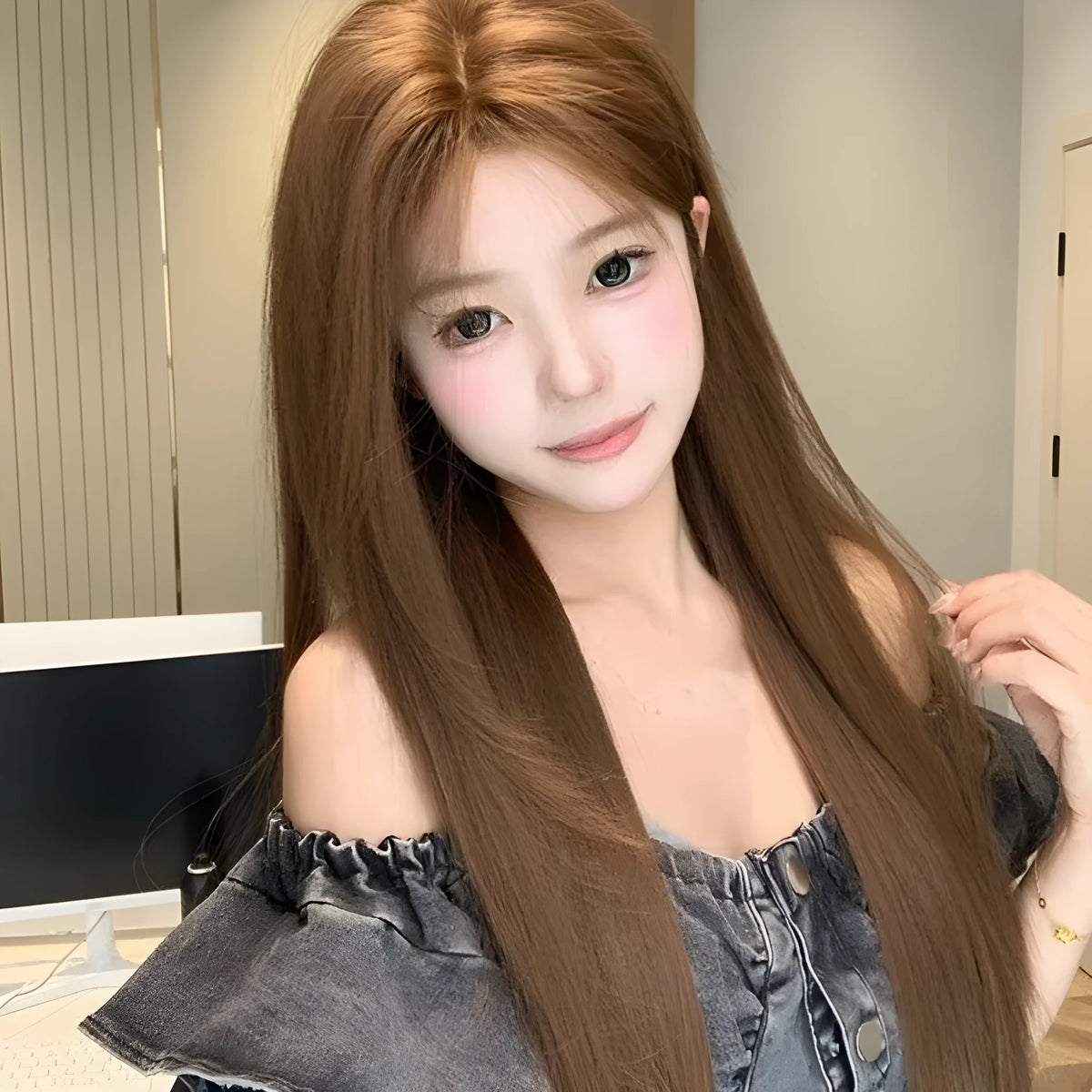 Warm brown long straight wig with centre-parted bangs and forehead lace hair net