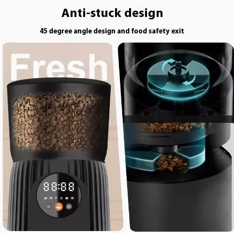 Black and white intelligent pet feeder with automatic timing and remote feeding functions