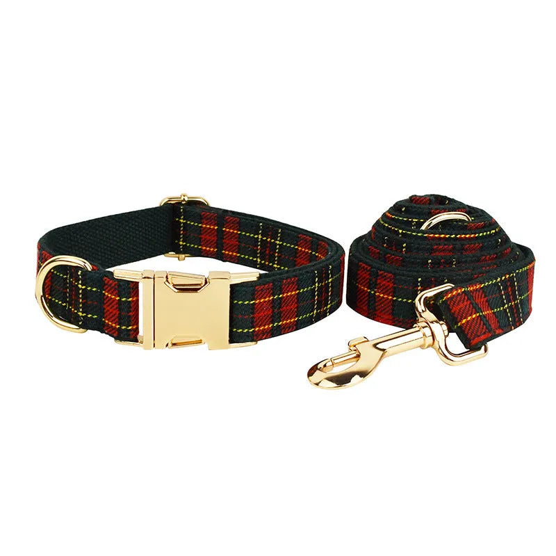 Christmas plaid pet collar and rope lead suit with green background, bow, dog vest, and optional bag