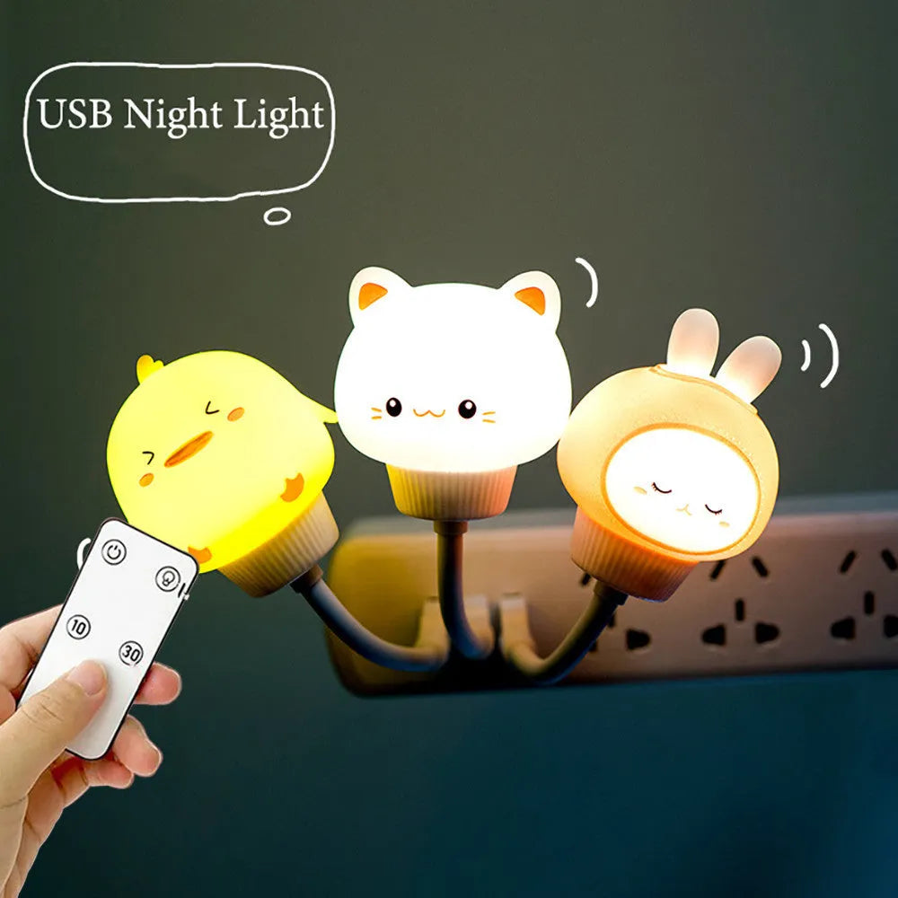 USB portable cartoon animal LED night light in rabbit design with adjustable brightness settings.
