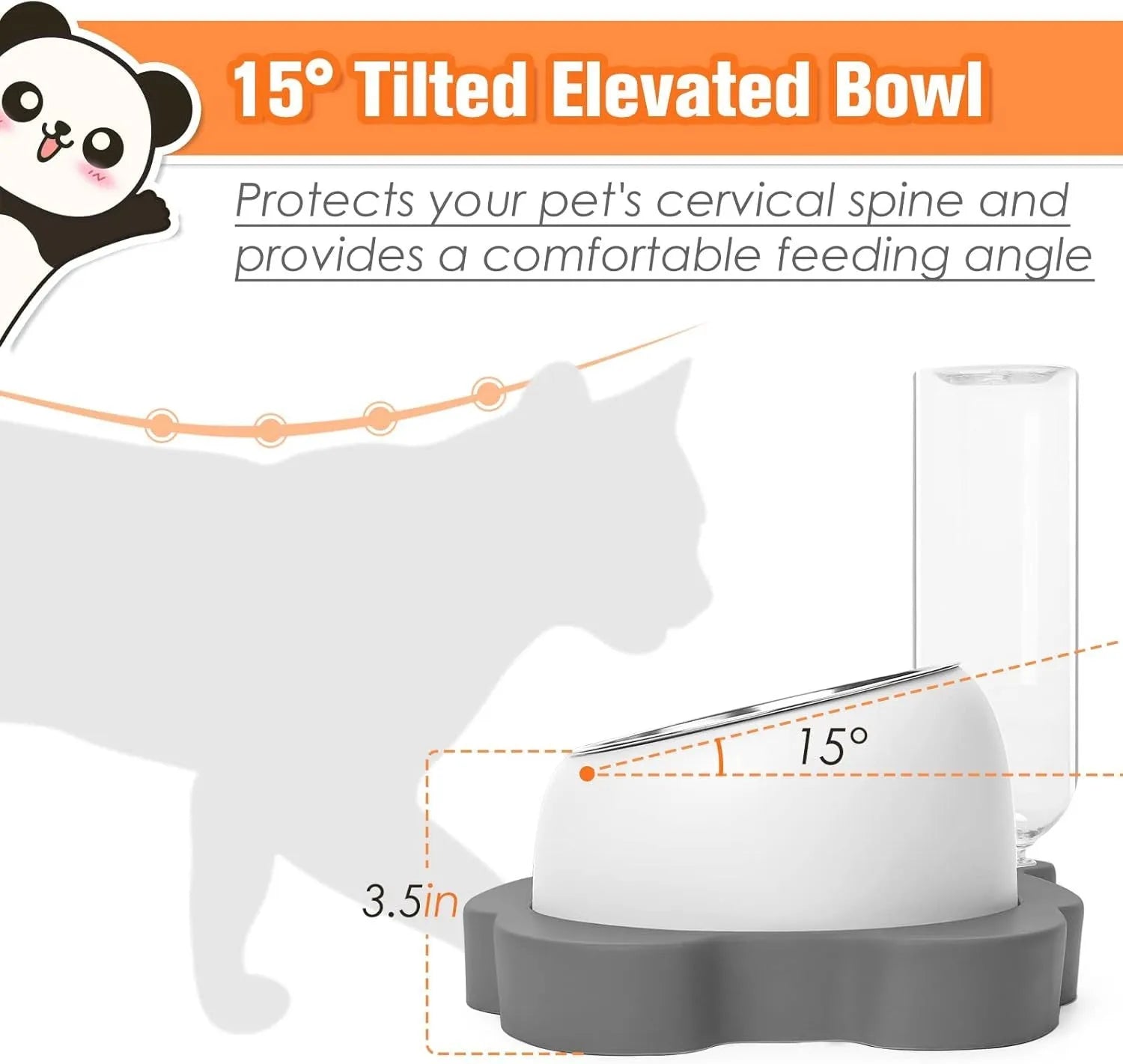 Panda-shaped elevated pet food and water bowl set with automatic dispenser bottle on stable base