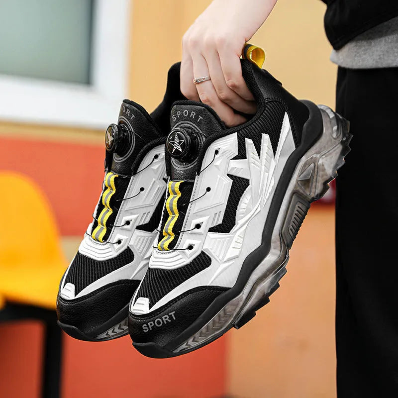 Men's black casual rotating button dad shoes with a low-top platform sole.