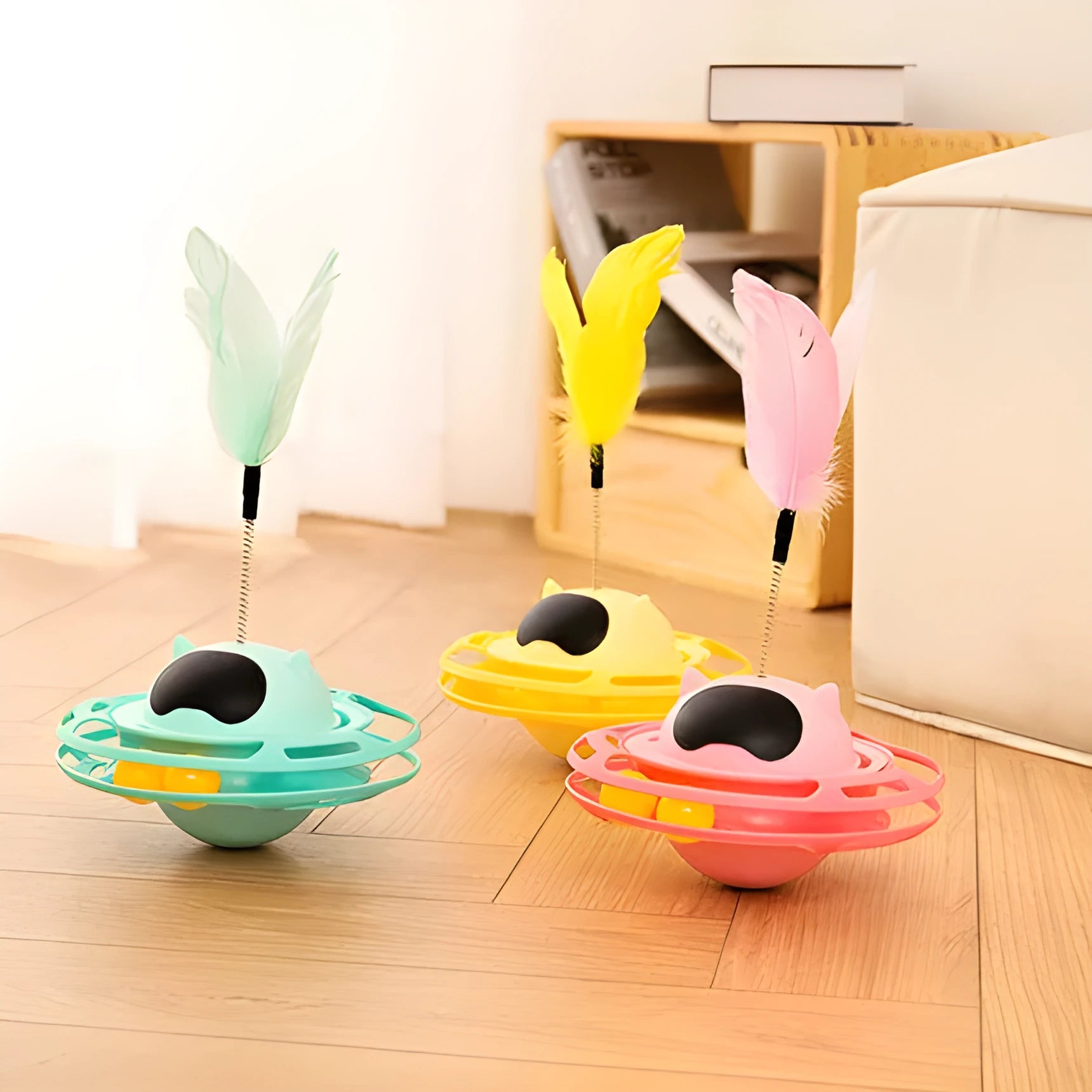 Pink self-hi tumbling cat toy with turntable, measuring 17x10 cm