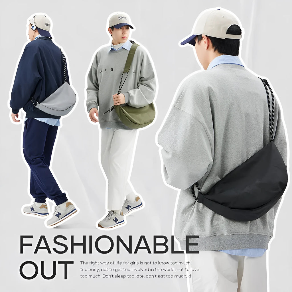 Men's nylon messenger backpack in black colour showing large capacity interior and lightweight construction