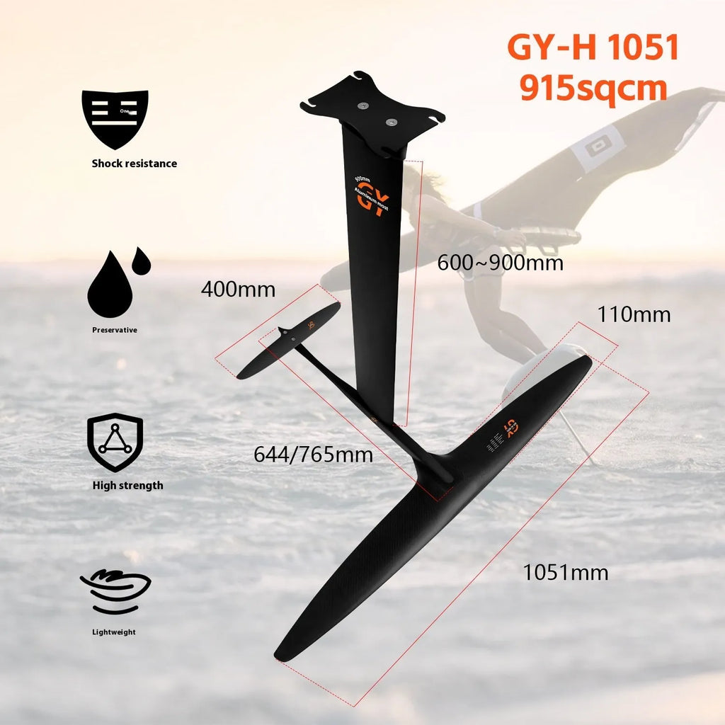 Black carbon fibre racing hydrofoil with 1051mm front wing for surfing