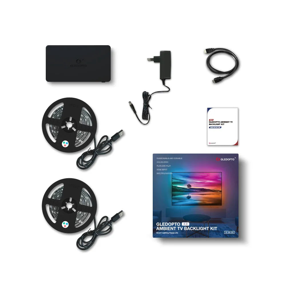 Computer to TV display splitter hub with HDMI SYNC RGB LED light strip, junction box, and cables.