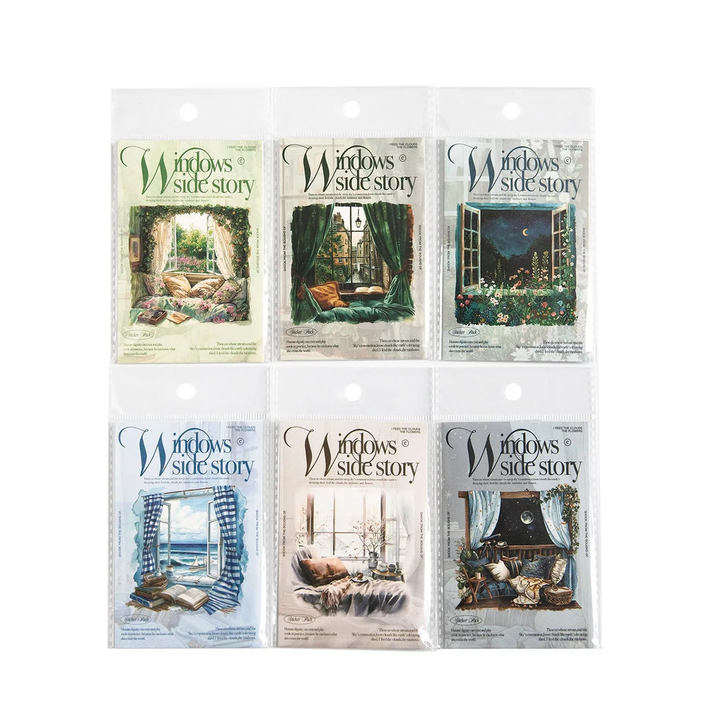 Retro-style printed decorative sticker sheet from the Window Story Series for journals.
