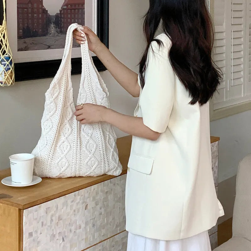 Women's retro hollow knitted woolen yarn shoulder tote bag in crochet texture with double straps