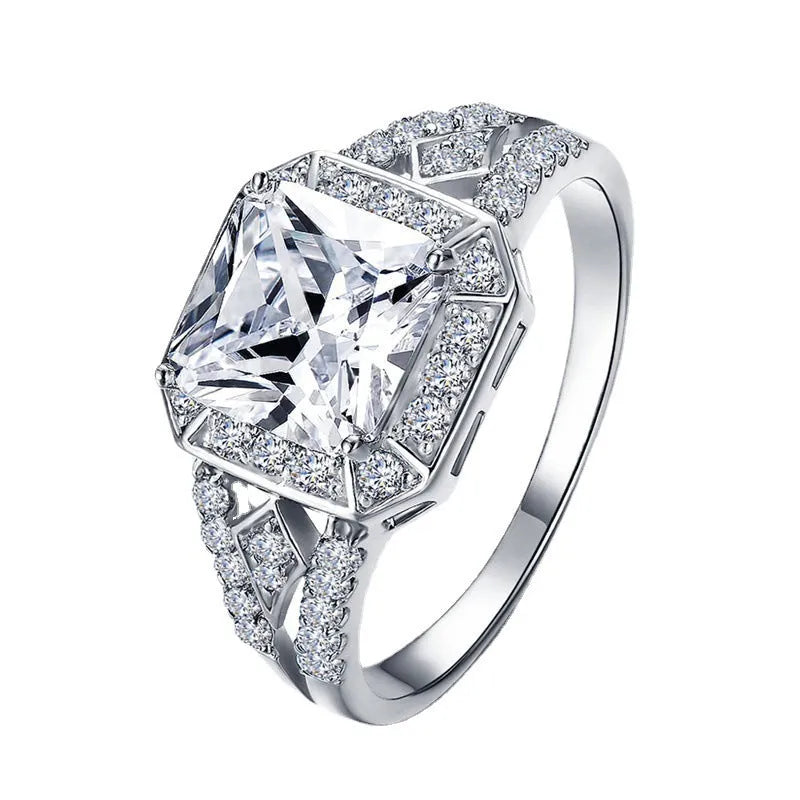 Geometric zircon ring with hollow design and platinum colour finish on solid copper
