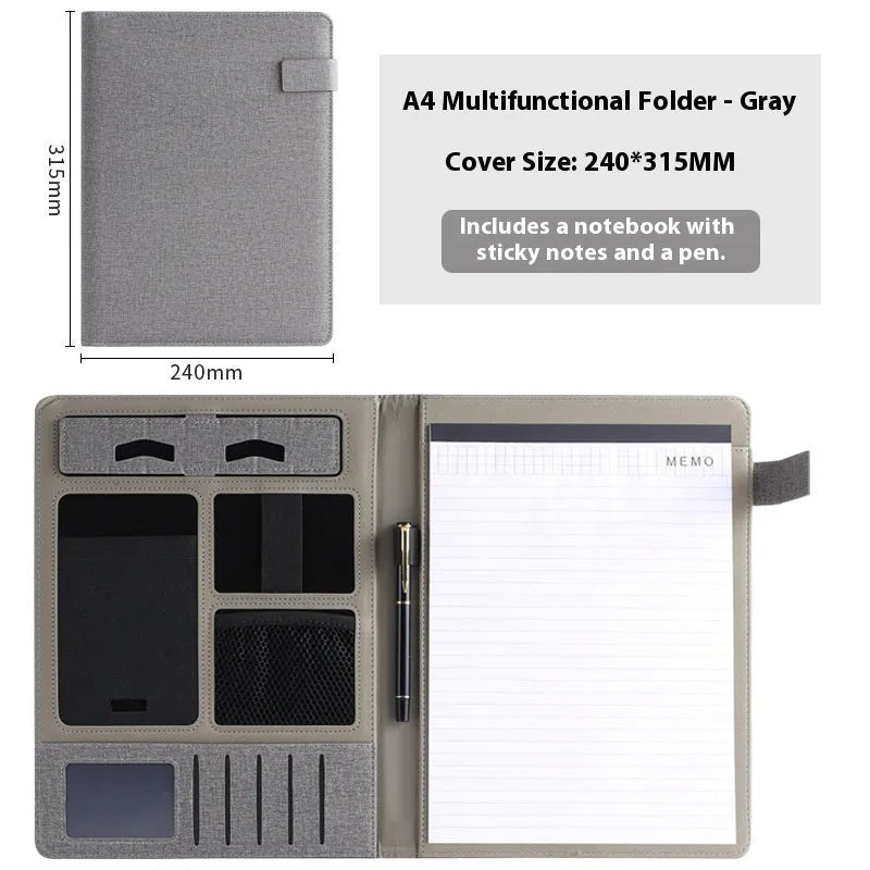 A4 leather business folder in black with pen and notepad options for office use