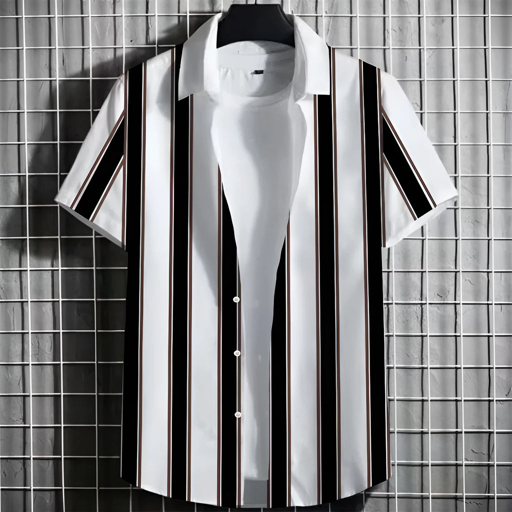 Men's striped short sleeve T-shirt with 3D printed pattern on linen fabric