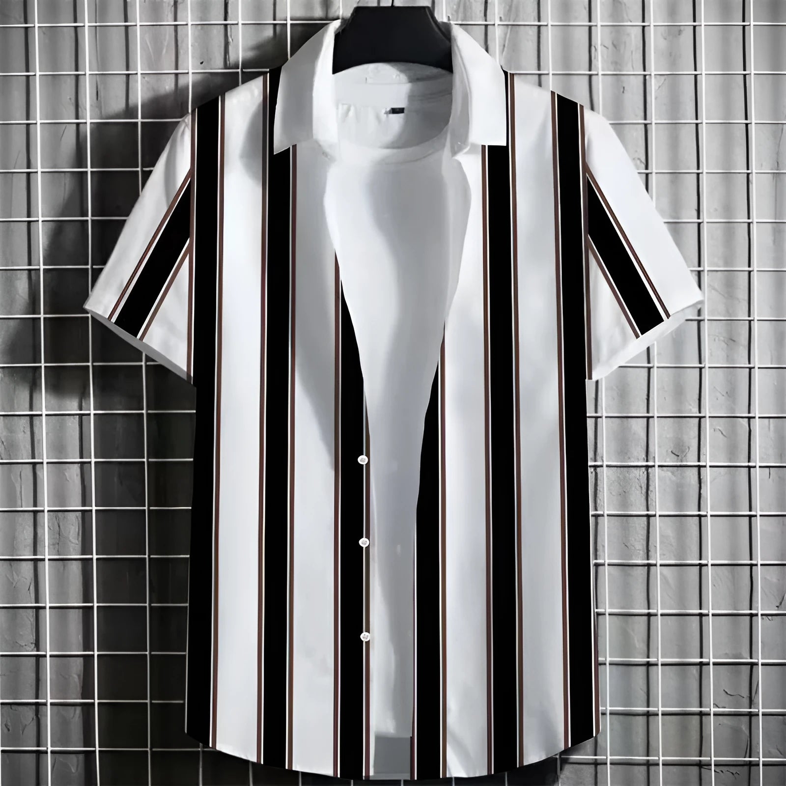 Men's striped short sleeve T-shirt with 3D printed pattern on linen fabric
