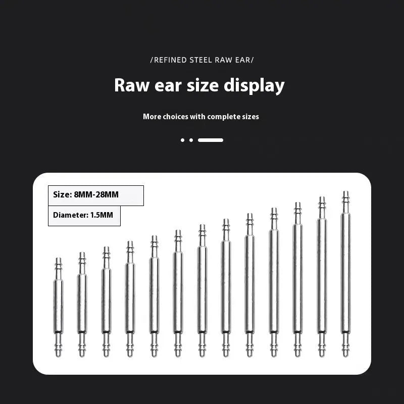 Watch repair accessories including bolts, auricular needles and spring shafts in sizes 21mm to 26mm