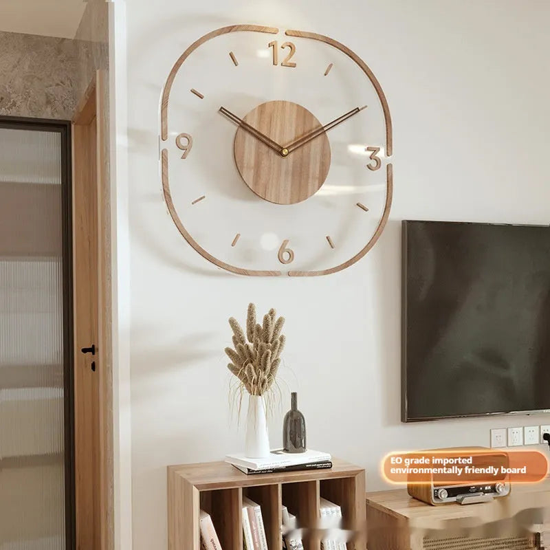 Modern transparent wooden frame wall clock showing 35cm square dimensions