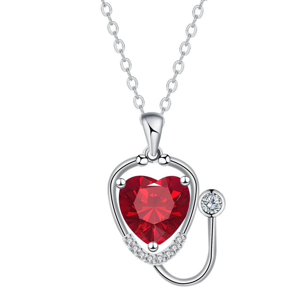 Red diamond wings cross stethoscope necklace for women, made from electroplated copper.