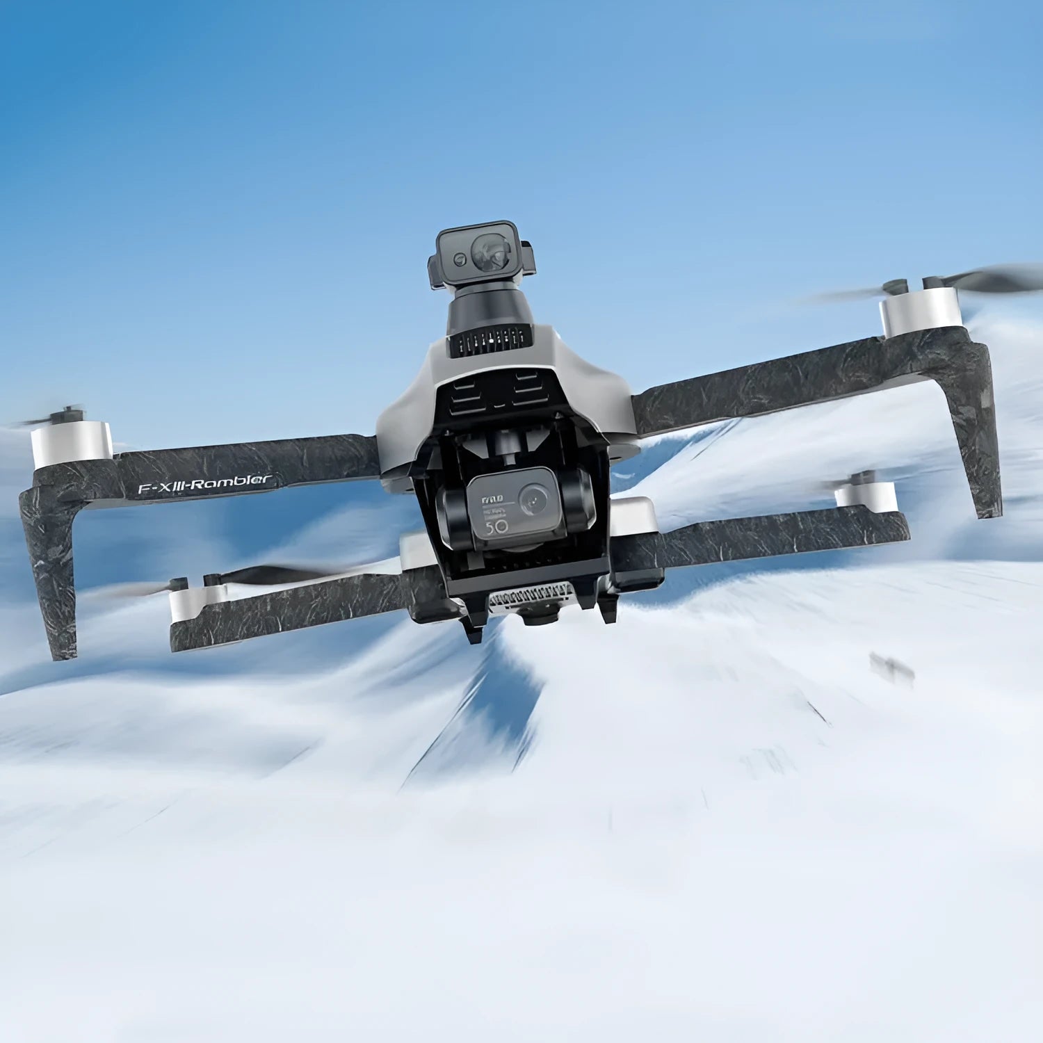 White folding quadcopter drone with camera, shown with remote control, batteries, and shoulder bag.