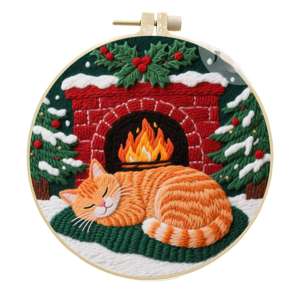 Embroidery fabric DIY material package showing cotton and linen fabrics with autumn fruit patterns for cat designs