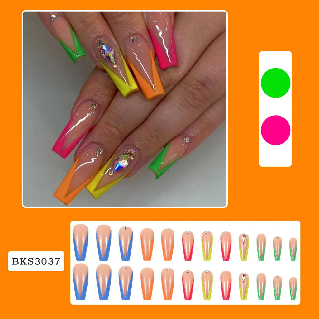 Diamond colour French style artificial nail tips with red cartoon love heart and cross designs.