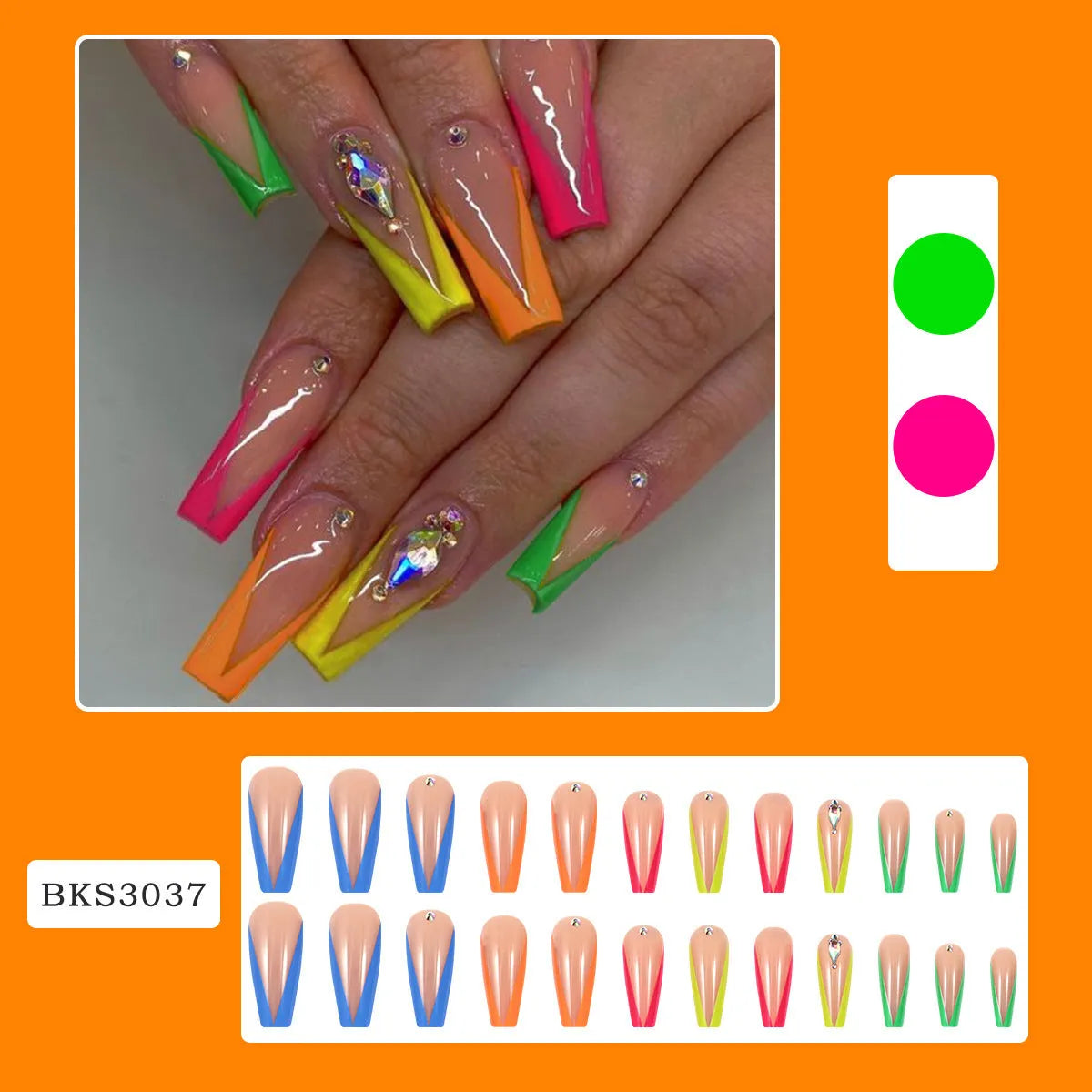 Diamond colour French style artificial nail tips with red cartoon love heart and cross designs.