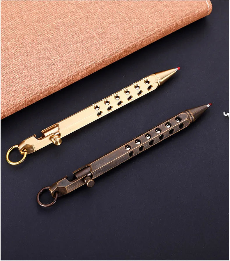 Brass hexagonal bolt roller pen with a 0.5mm tip shown in natural brass and retro black colours.