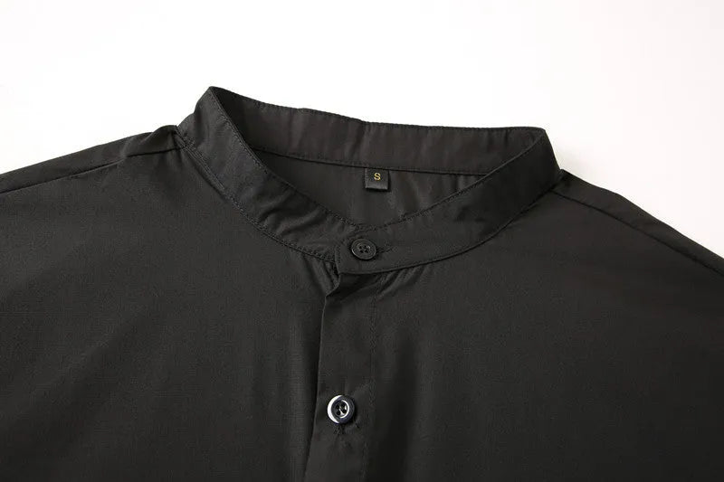 Men's black stand-up collar shirt with fitted silhouette, available in sizes S to XXXL for smart casual and formal wear.