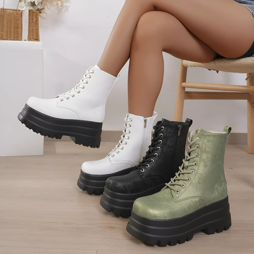Women's white platform Martin boots with patchwork design and side zipper