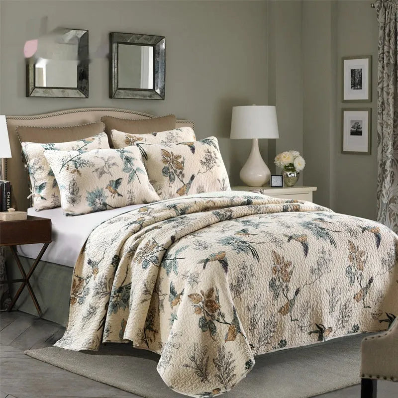 Quilted cotton bed cover set with printed pattern for 1.5-1.8 metre bed
