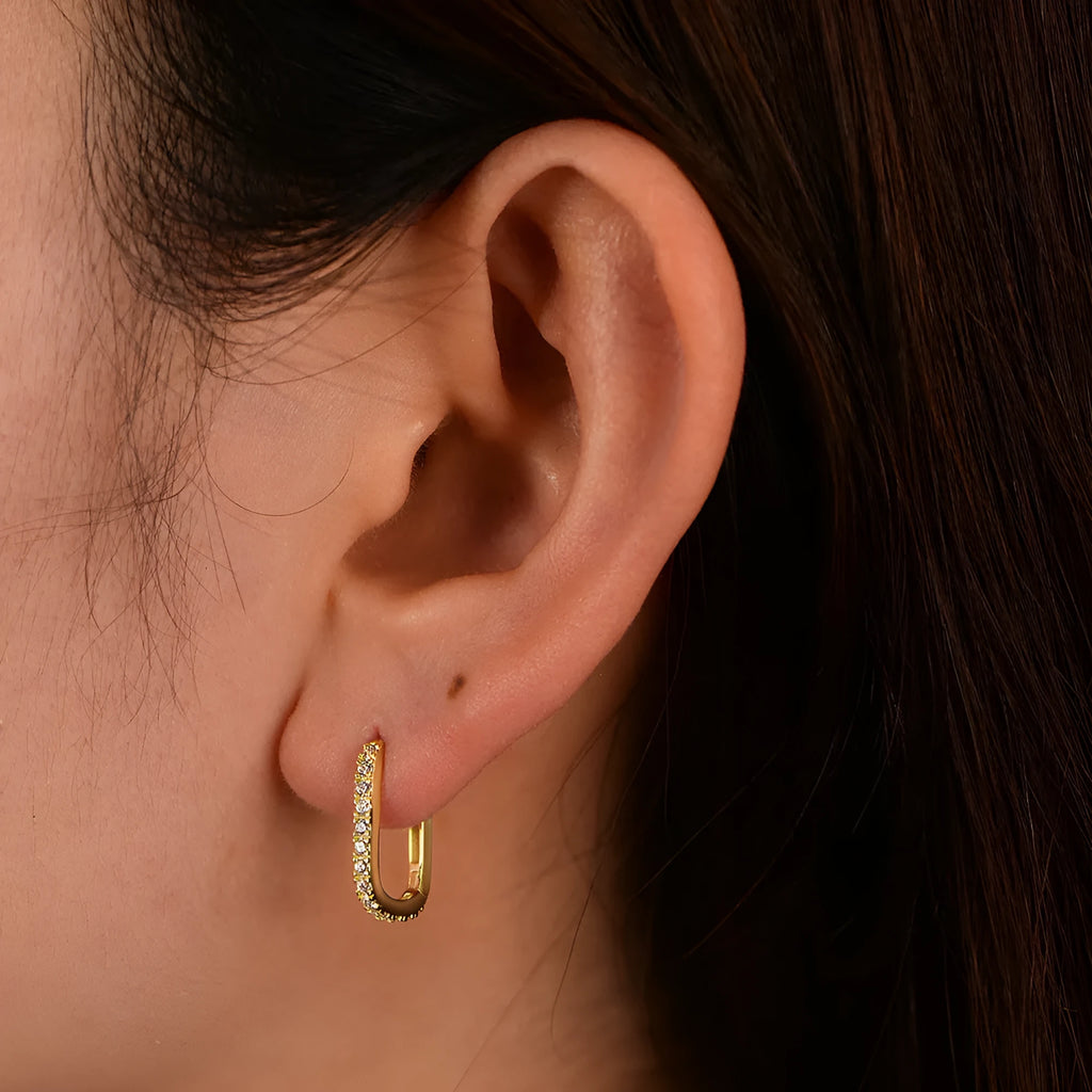 S925 sterling silver oval and quadrilateral zircon ear clips in white or yellow colour options