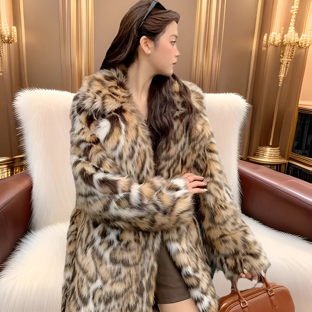 Women's faux fur coat with fur collar in street fashion style, available in multiple sizes