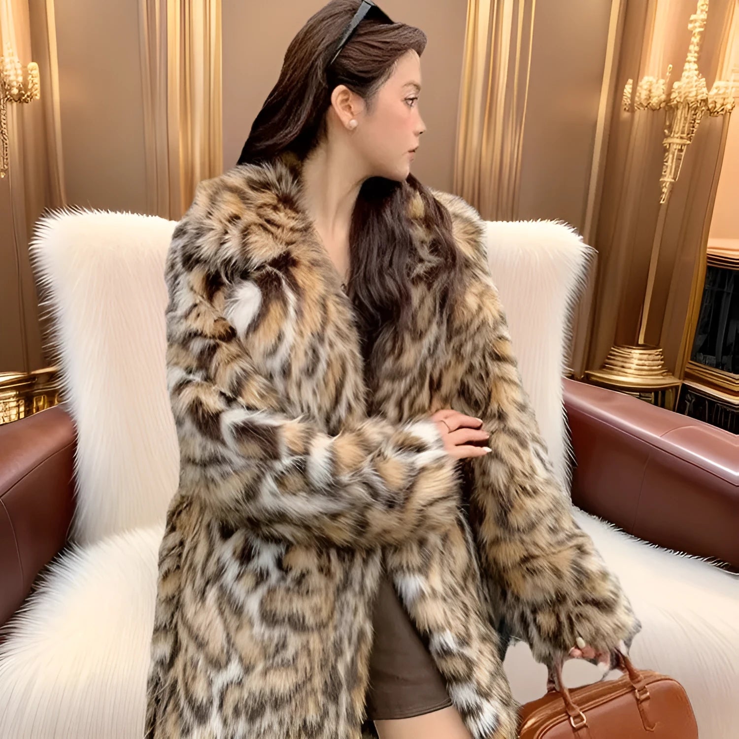 Women's faux fur coat with fur collar in street fashion style, available in multiple sizes