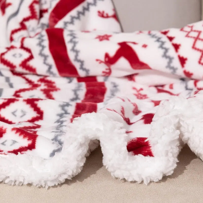 Flannel sherpa lambswool blanket in Elk Double White with cartoon anime pattern, 152x127cm and 150x200cm