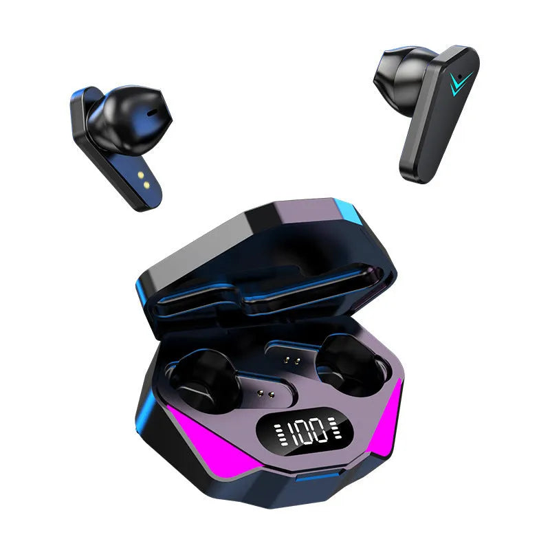 X15 black wireless in-ear gaming headphones with charging case on a grey background