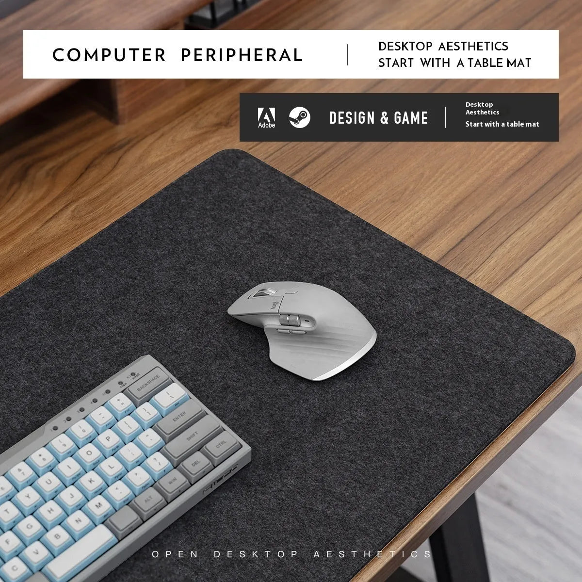 Grey felt-cork office desk mat in Japanese minimalist style on wooden desk
