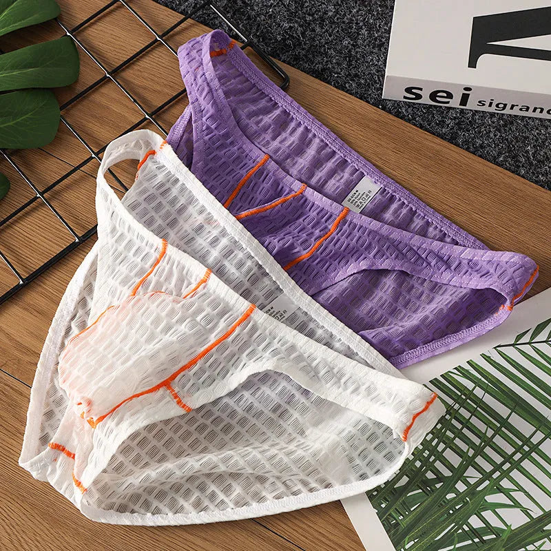 Men's solid colour low waist lace briefs on a white background.