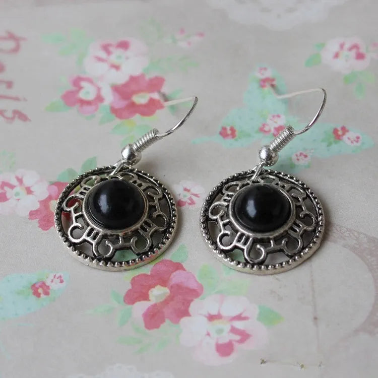 Handmade Miao silver turquoise ethnic earrings with geometric flower disk shape